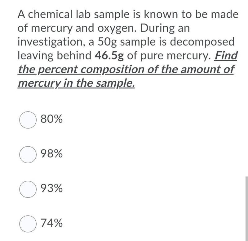 A chemical lab sample is known to be made of mercury and oxygen. During an investigation-example-1