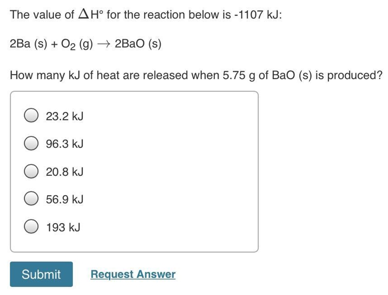 How many kJ of heat are released when 5.75 g of BaO (s) is produced?-example-1