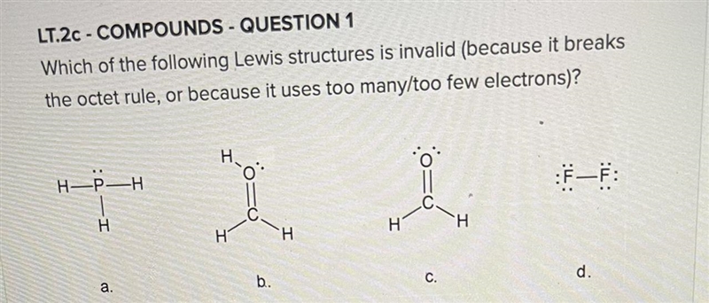 Which of the following Lewis structure is invalid (because it breaks the octet rule-example-1