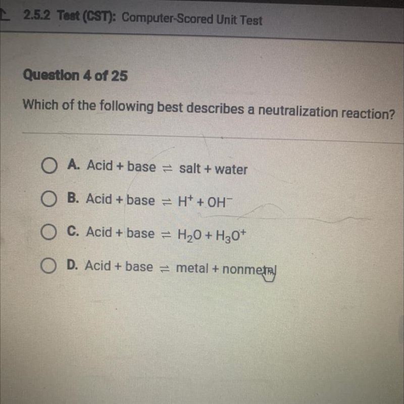 Which of the following best describes a neutralization reaction?-example-1