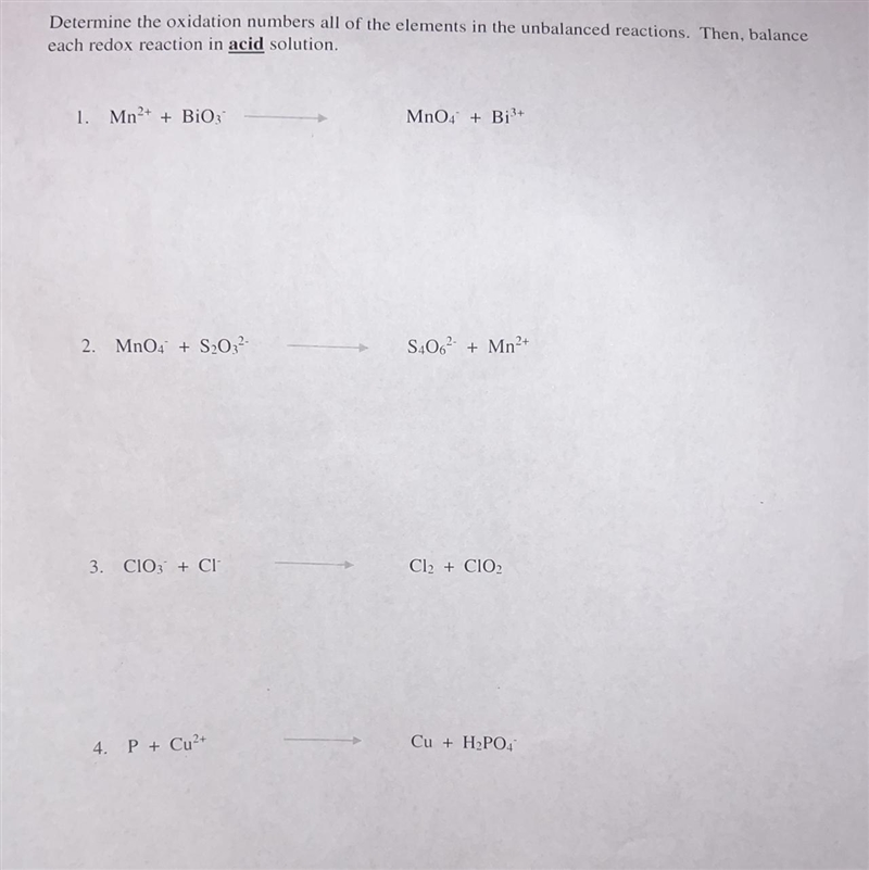 Determine the oxidation numbers of the elements in the unbalanced reactions. Then-example-1