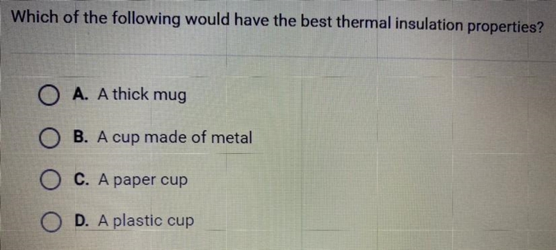 Which of the following would have the best thermal insulation properties? A. A thick-example-1