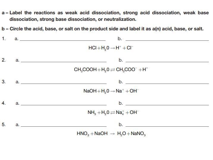 A- Label the reactions as weak acid dissociation, strong acid dissociation, weak base-example-1