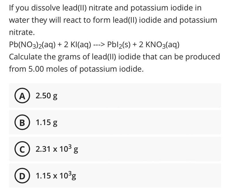 Calculate the grams of lead (III) iodide that can be produced from 5.00 moles of potassium-example-1