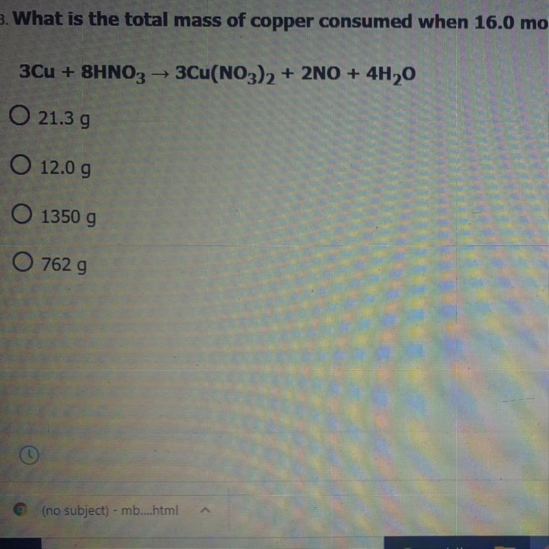 What is the total mass of copper consumed when 16.0 moles of water are produced?-example-1