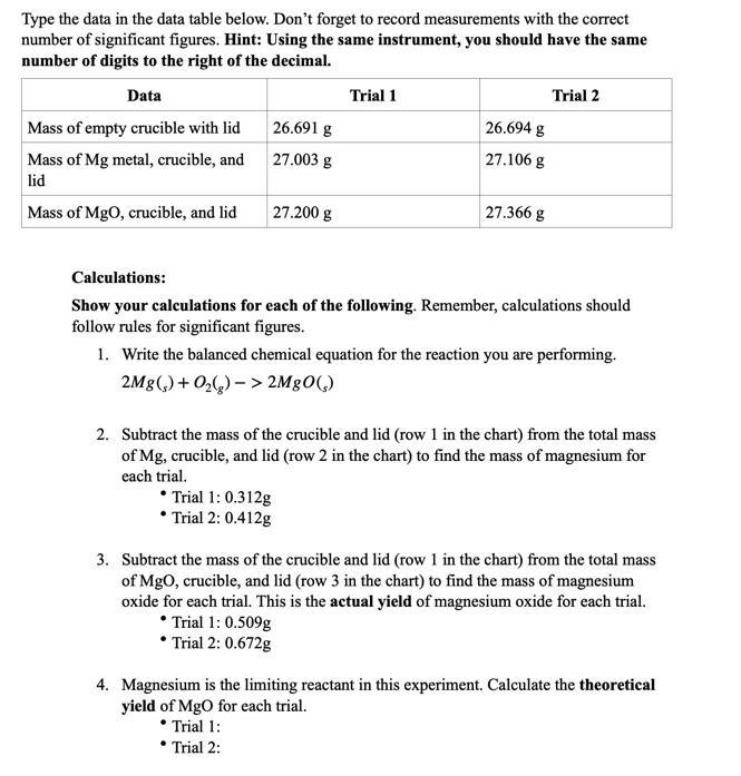 Calculate the theoretical yield of MgO for each trial. (Data table included)-example-1