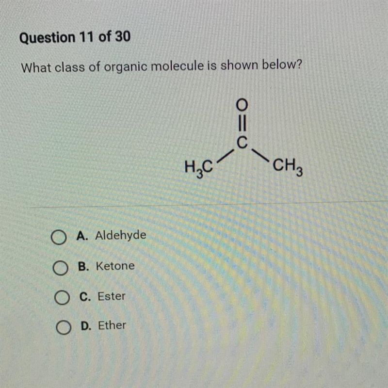 What class of organic molecule is shown below?H₂CO A. AldehydeOB. KetoneC. EsterD-example-1