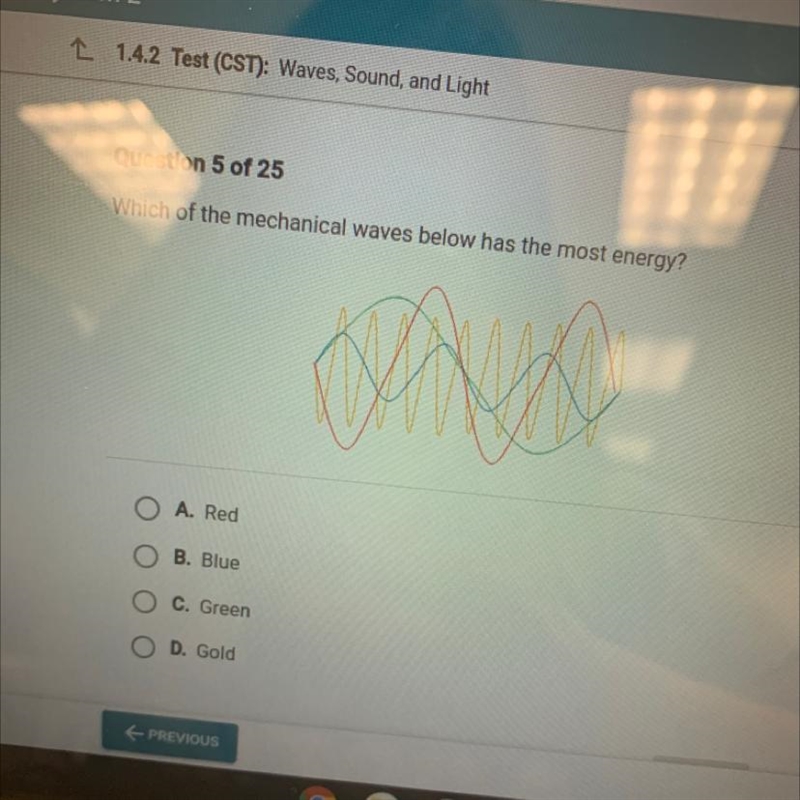 Which of the mechanical waves below has the most energy? A. Red B. Blue C. Green D-example-1