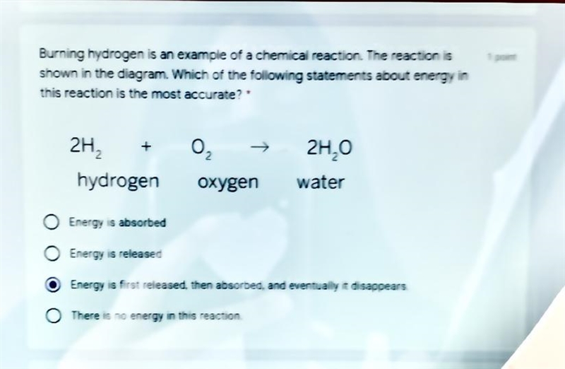 Burning hydrogen is an example of a chemical reaction. The reaction is shown in the-example-1