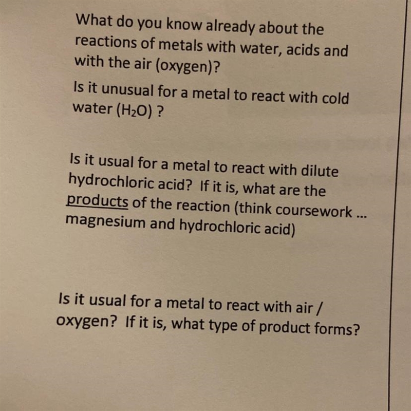 Please help 1. What do you know already about the reactions of metals with water, acids-example-1