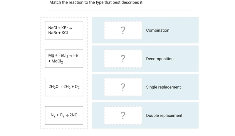 Match the reaction to the type that best describes it.NaCl + KBr NaBr + KClMg + FeCl-example-1