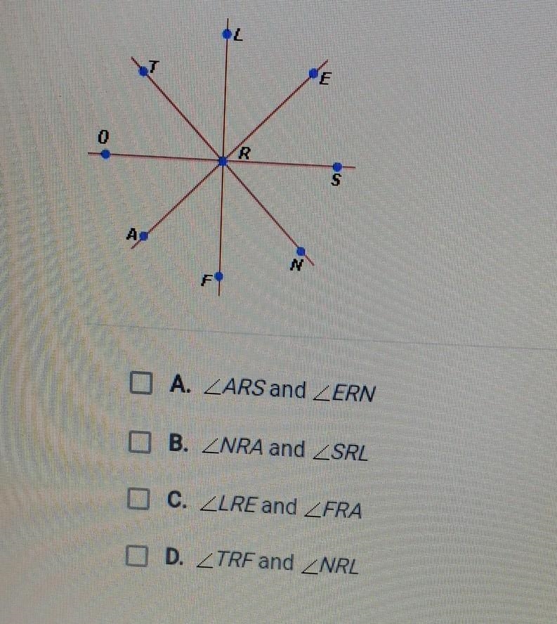 Which pairs of angles in the figure below are vertical angles? Check all that apply-example-1