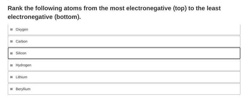 Rank the following atoms from the most electronegative (top) to the least electronegative-example-1