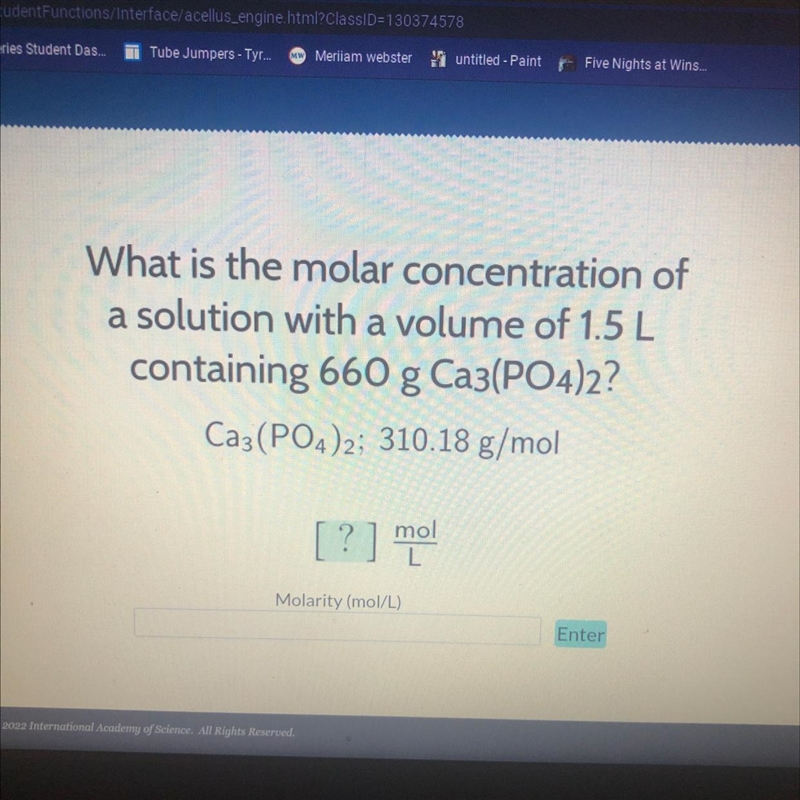 What is the molar concentration of a solution with a volume of 1.5 L containing 660 g-example-1