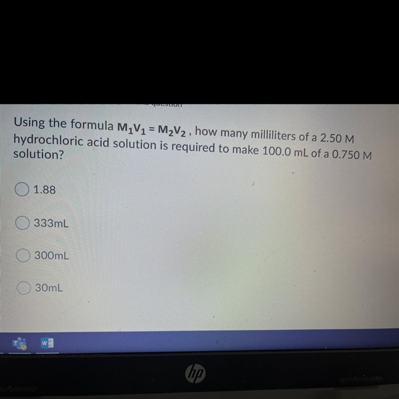 Using the formula M V1 = M2V2 , how many milliliters of a 2.50 M hydrochloric acid-example-1