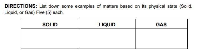 List down some examples of matters based on its physical state (Solid, Liquid, or-example-1