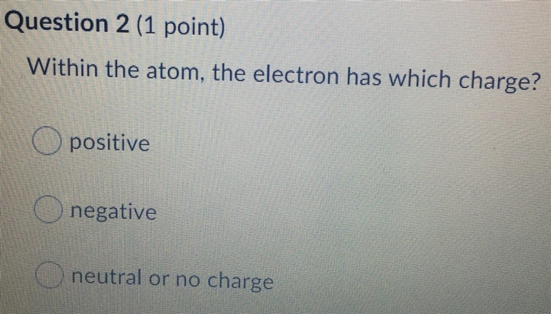 Within the atom, the electron has which charge?6O positivenegativeneutral or no charge-example-1