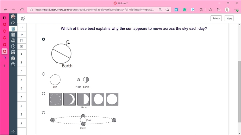 Which of these best explains why the sun appears to move across the sky each day? I-example-1