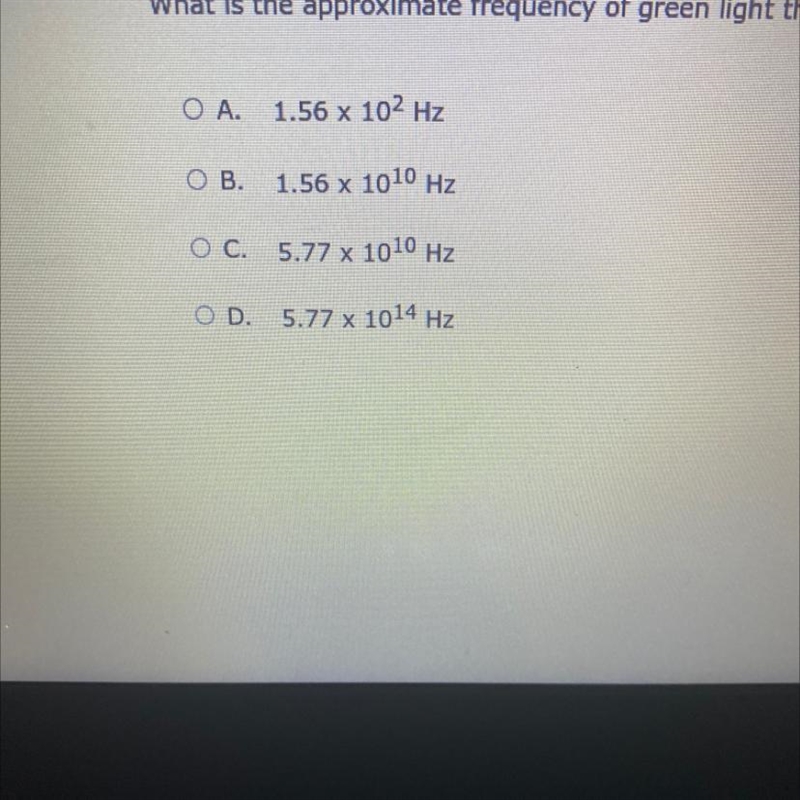 What is the approximate frequency of green light that has a wavelength of 520 nm?-example-1