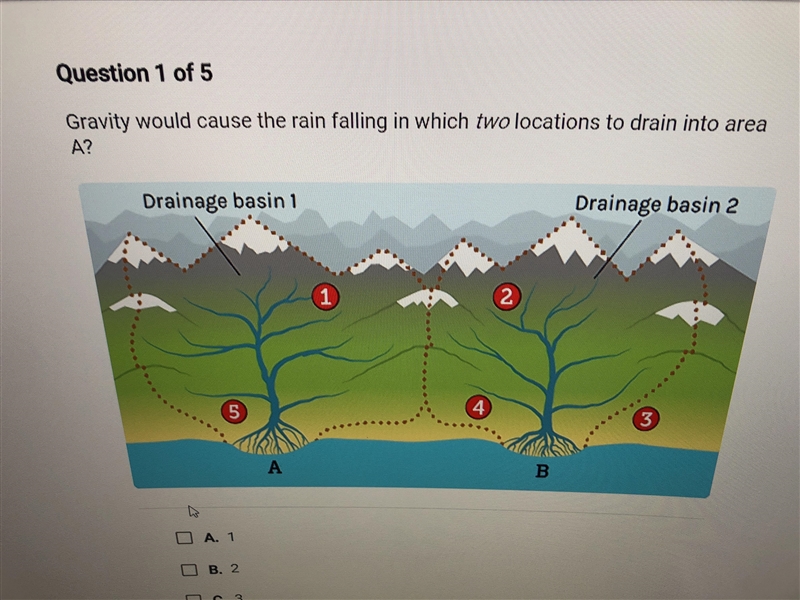 20 points!!!!!!Gravity would cause the rain falling in which two locations to drain-example-1