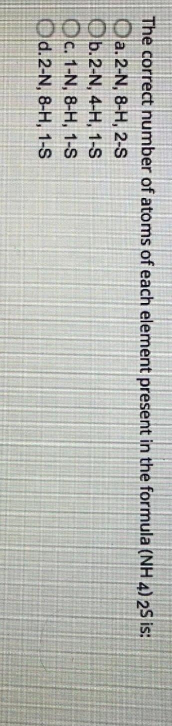 The correct number of atoms of each element present in the formula (NH 4) is-example-1