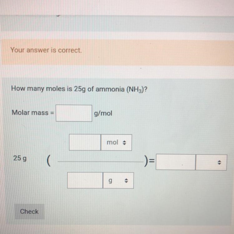 How many moles is 25g of ammonia (NH3)?-example-1