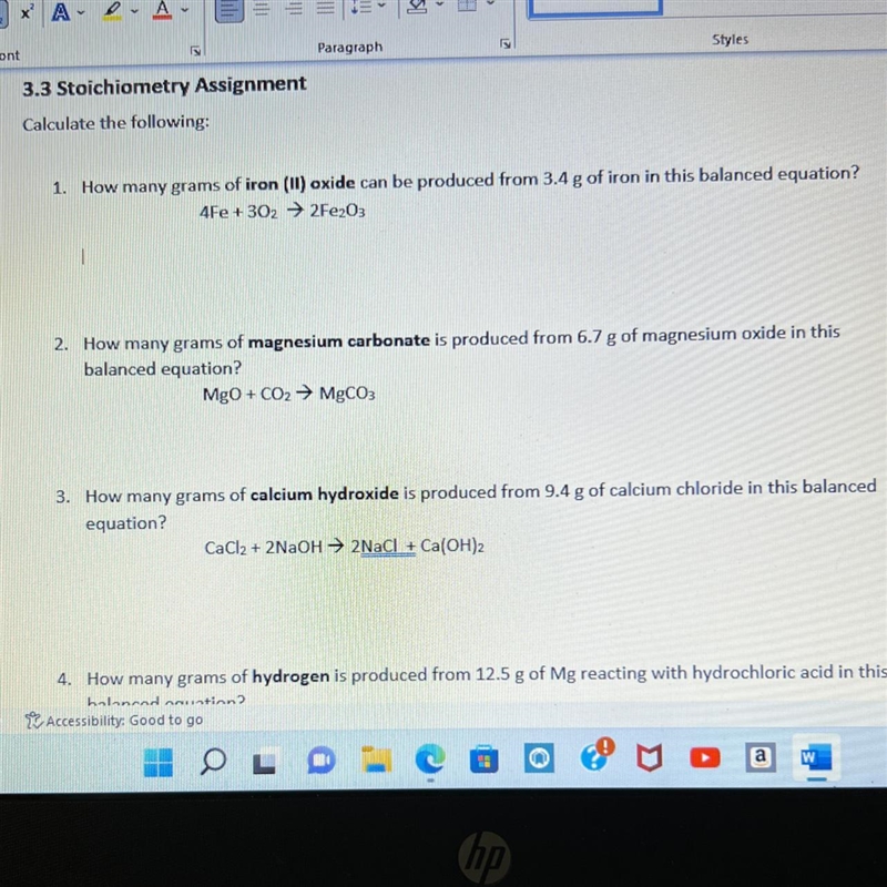 1. How many grams of iron (II) oxide can be produced from 3.4 g of iron in this balanced-example-1