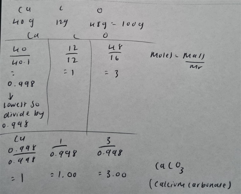 A compound contains 40 g of calcium, 12 g of carbon, and 48 g of oxygen. What is its-example-1