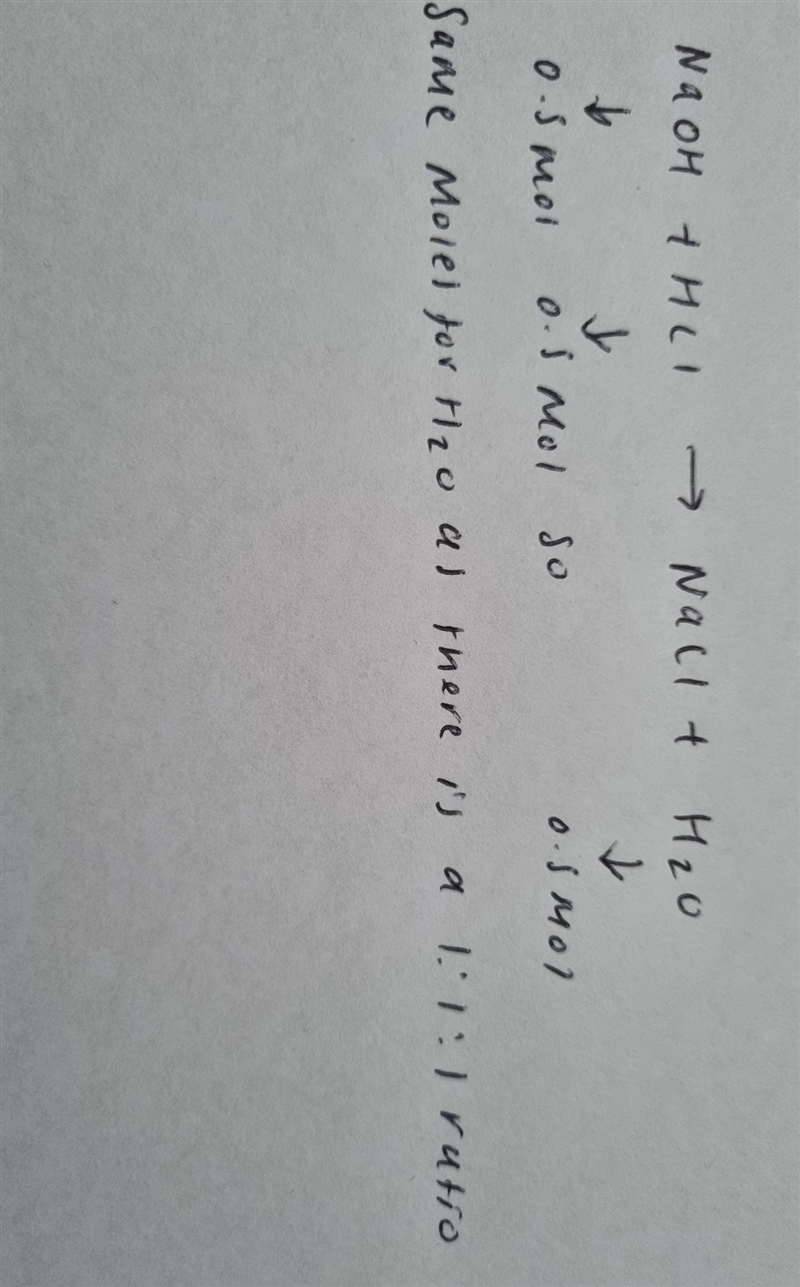 How many moles of water is produced if used 0.5 mol of NaOH and 0.5 mol of HCl-example-1