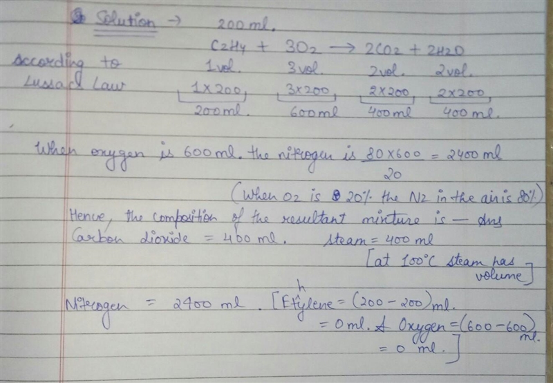 200 ml. of C2 H4 is burnt in just sufficient air (containing 20% oxygen) as per the-example-1