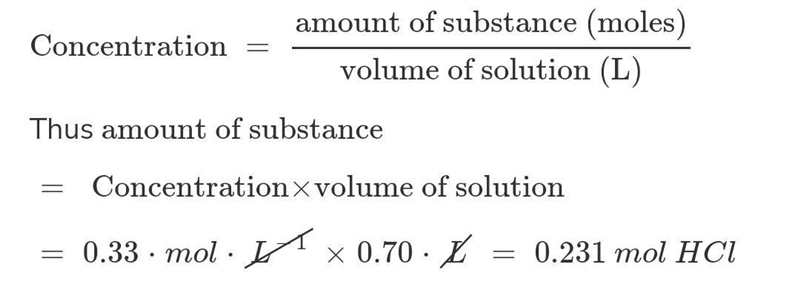 How many moles of hcl are present in 0. 70 l of a 0. 33 m hcl solution?.-example-1