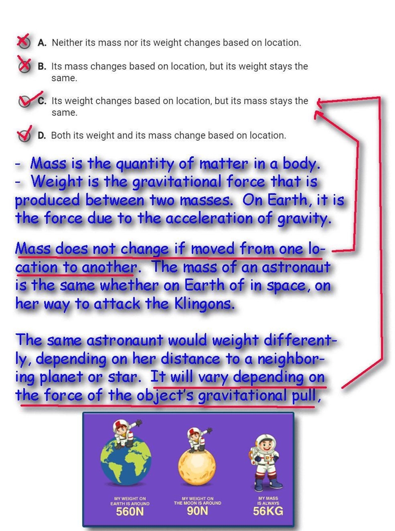 Which statement correctly compares the weight and the mass of an object?-example-1