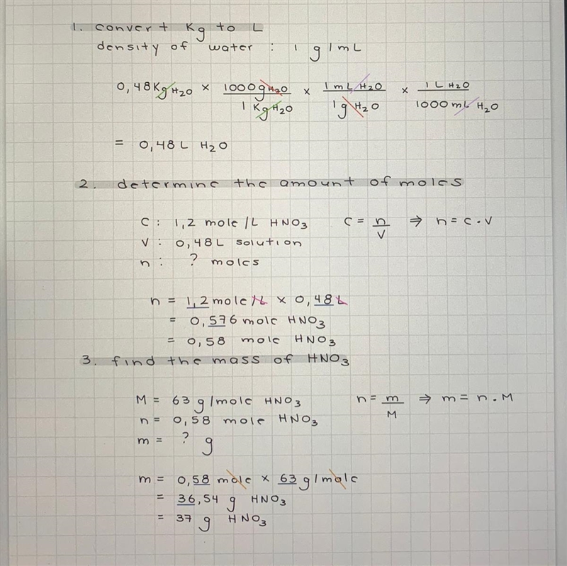 Calculate the mass of nitric acid 63 gmole dissolved in 0.48 kg of water with the-example-1