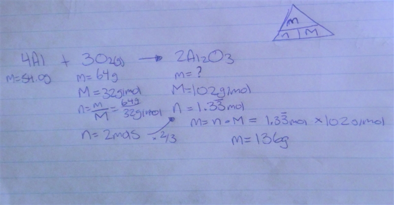 54.0g Al reacts with 64.0g O2 to form Al2O3 according to the equation. 4Al+3O2 = 2Al-example-1