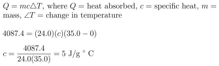 A 24.0 g sample of iron was heated from 0°C to 35.0°C. It absorbed 4087.4 J of energy-example-1