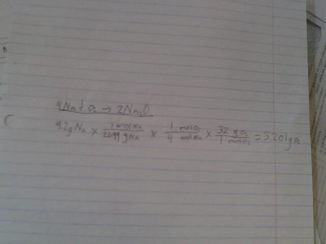 What mass of oxygen reacts with 9.2g Sodium? 4 Na + O₂ → 2 Na₂O​-example-1