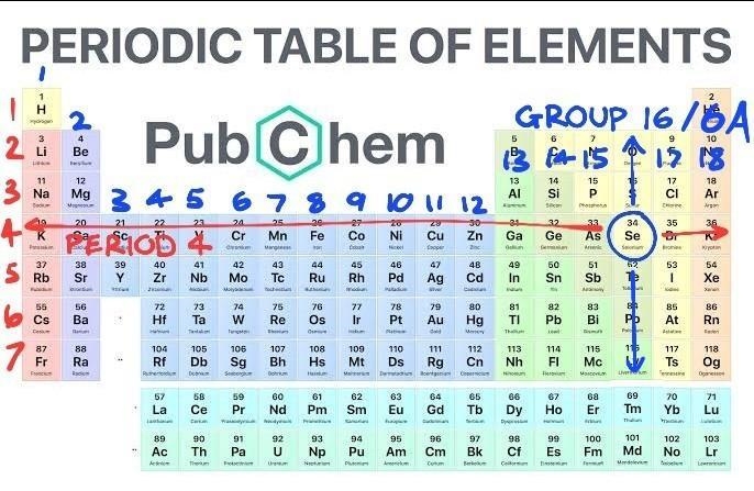 What is the group number and period number for Selenium? group 7A, period 4 group-example-1