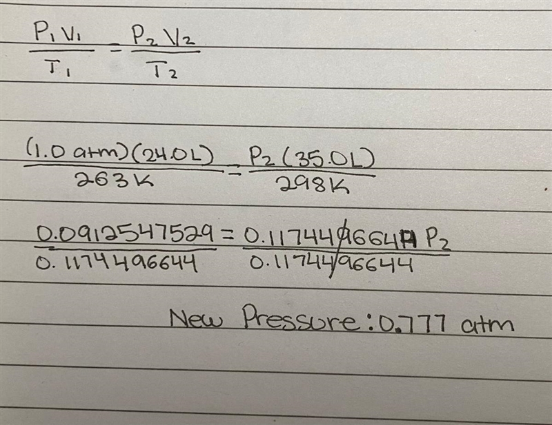 A gas is heated from 263k to 298k. The volume is increased from 24. 0l to 35. 0l. If-example-1