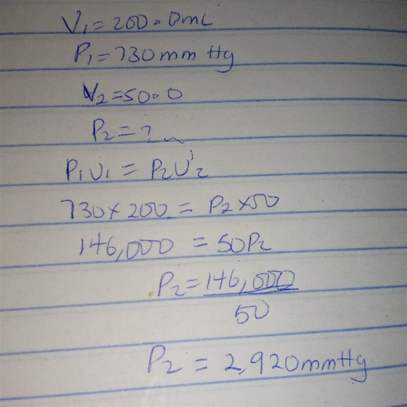 a sample of helium gas has a volume of 200.0 mL at 730mm Hg pressure. What pressure-example-1