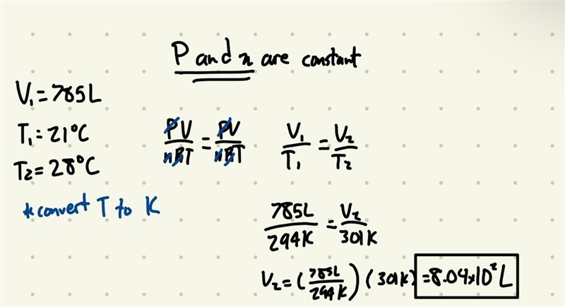 A particular tank of oxygen gas contains 785 L at 21°C.If the pressure remains constant-example-1