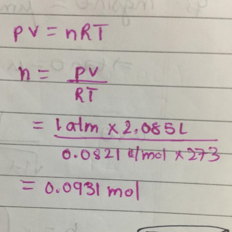 How many moles of a gas are contained in 2.085 L at STP? A. 0.0931 mol B. 10.8 mol-example-1