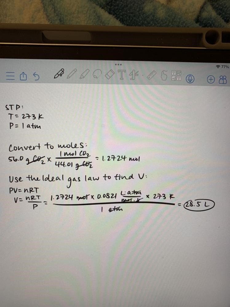 What is the volume of 56.0 g of CO2 ast STP-example-1