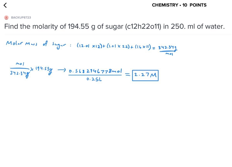 Find the molarity of 194.55 g of sugar (c12h22o11) in 250. ml of water.-example-1