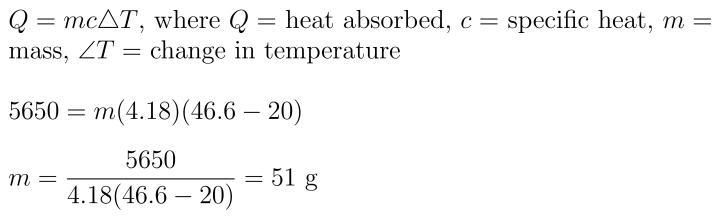 The temperature of a sample of water increases from 20c to 46.6c as it absorbs 5650 Joules-example-1