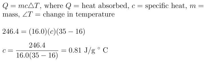 A 16. 0g sample of iron was heated from 16oc to 35oc, it absorbed 246. 4j of energy-example-1