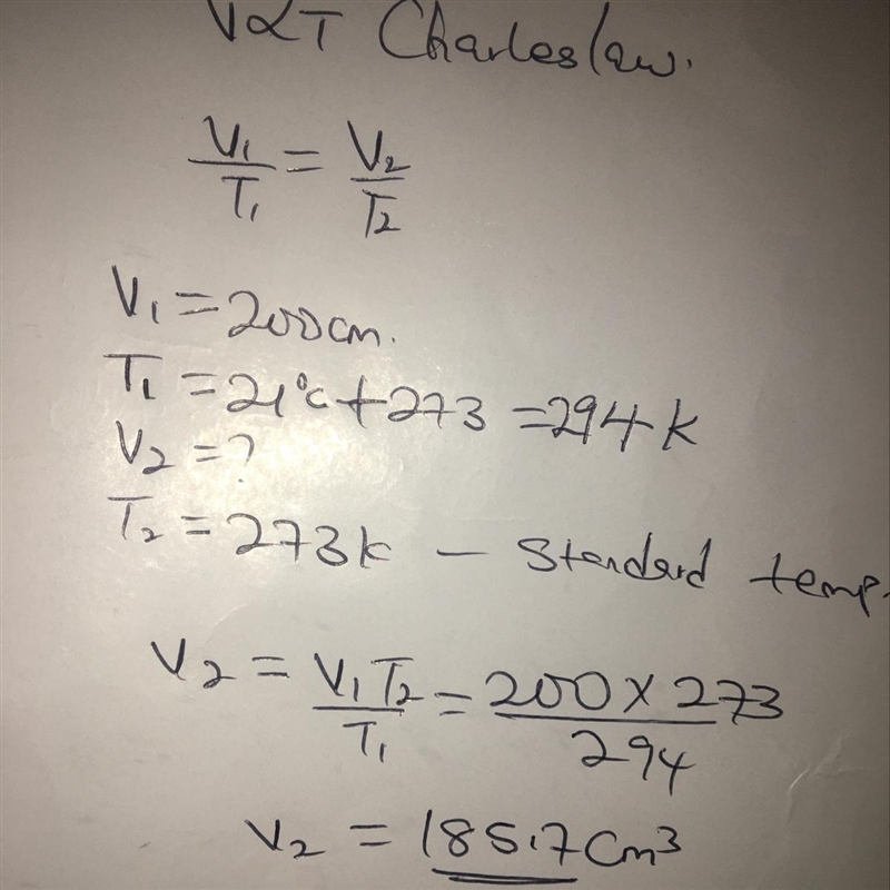 A fixed mass of gass occupies a volume of 200cm at 21°c calculate it's volume at standard-example-1