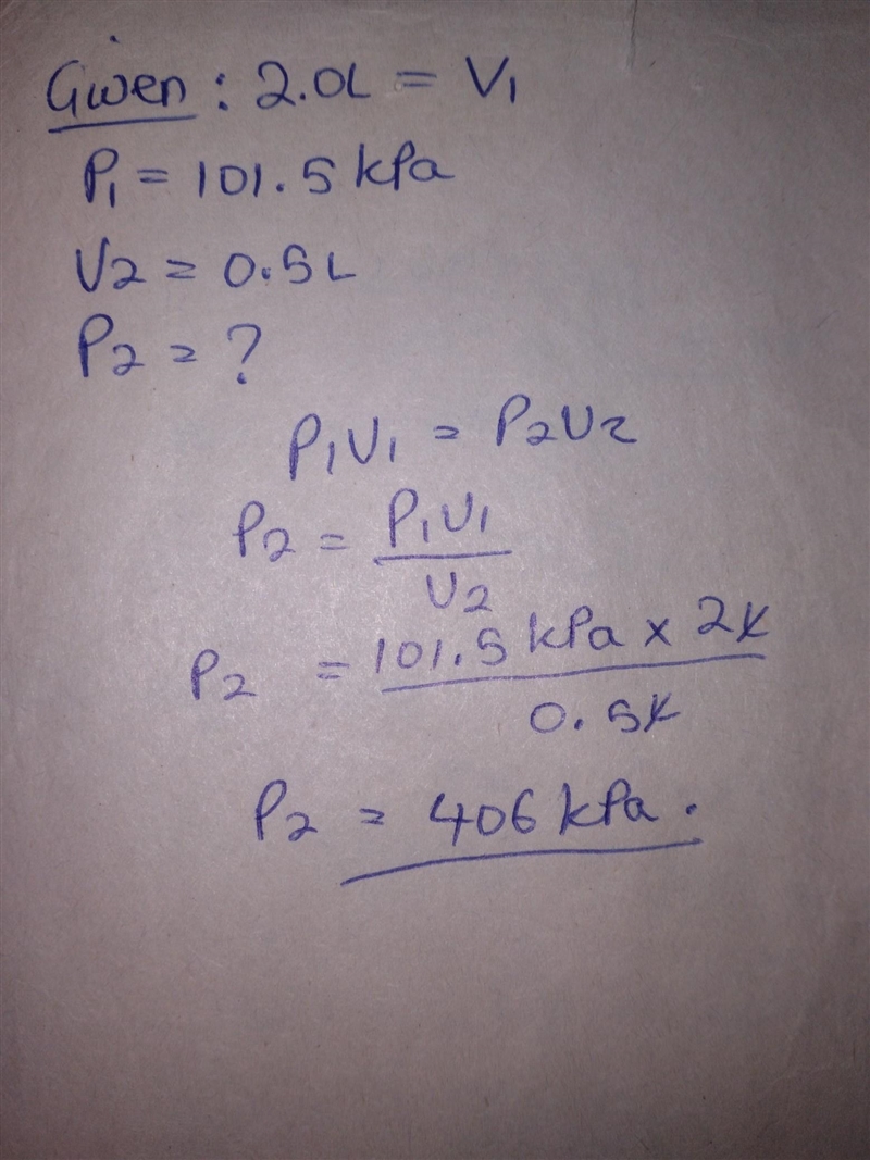 A balloon contains 2.0 L of air at 101.5 kPa. you squeeze the balloon to a volume-example-1