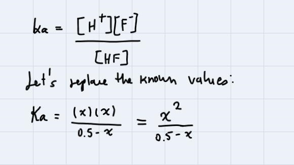 What is the pH of a 0.500 M solution of HF (Ka = 6.8 x 10¯4)?-example-2