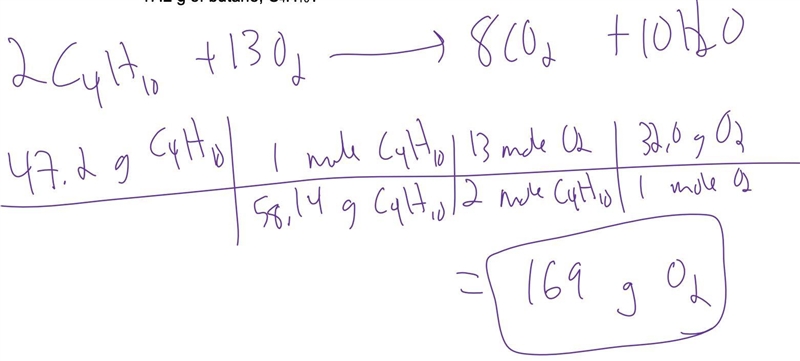 How many grams of oxygen are required for the complete combustion of 47.2 g of butane-example-1