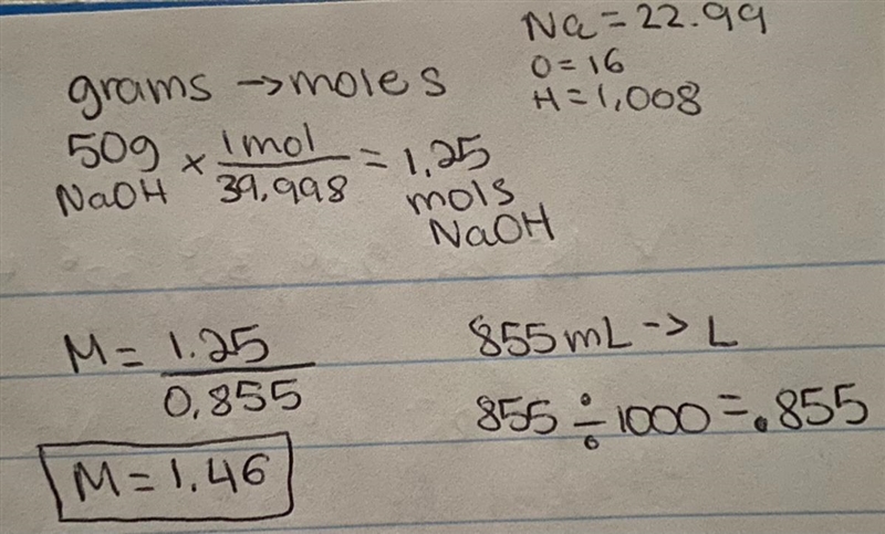 what is the molarity of a solution that contains 50.0 grams of sodium hydroxide, naoh-example-1